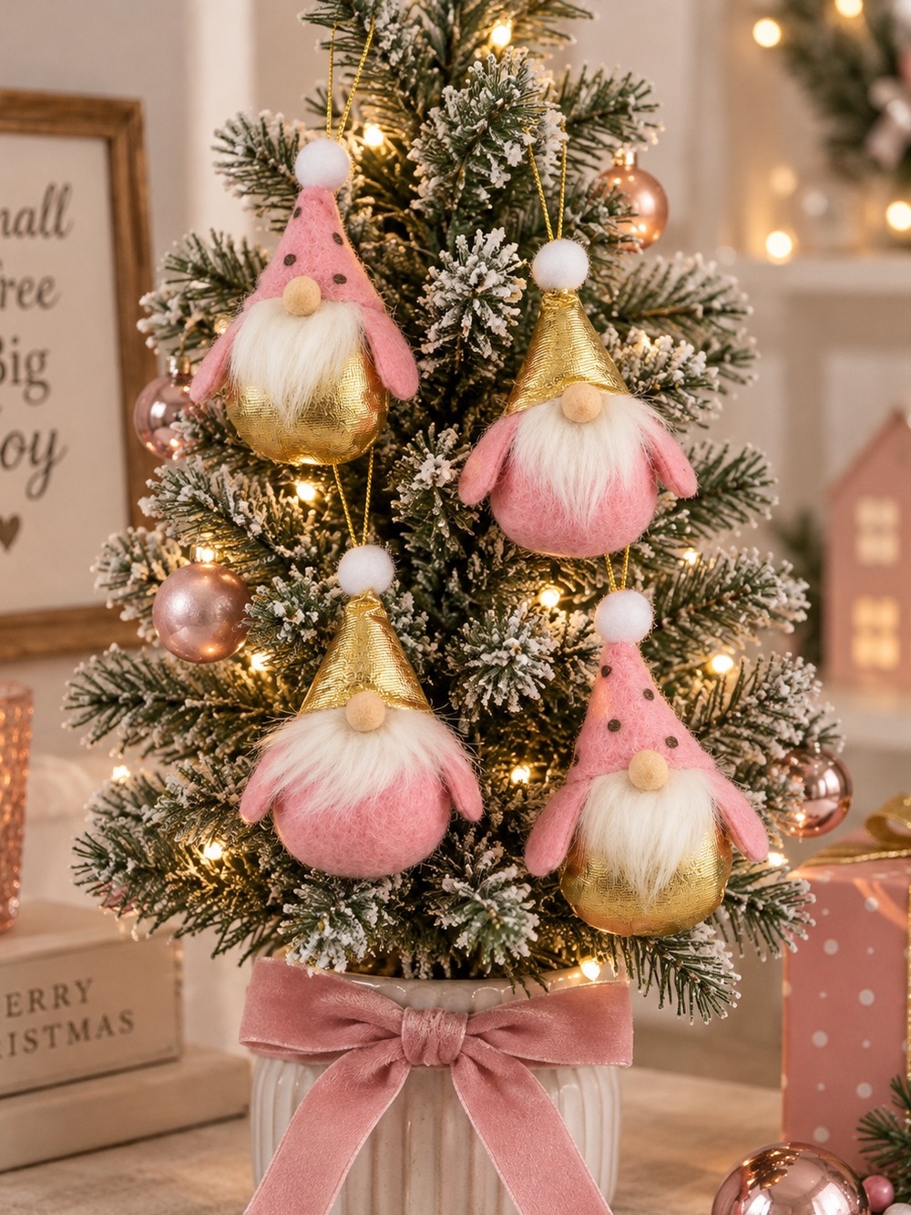 Holiday Time Pink and Gold 16 Mini Gnome Ornaments‎
